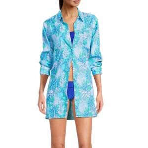 LILLY PULITZER Lagoon Linen Cover-Up Shirt Dress Women S Oversize Beach Resort